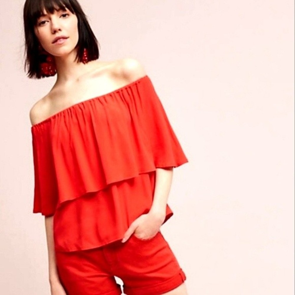Holding Horses Maya Red Off-Shoulder Flounce Crop Top Boho Gypsy Tiered Blouse